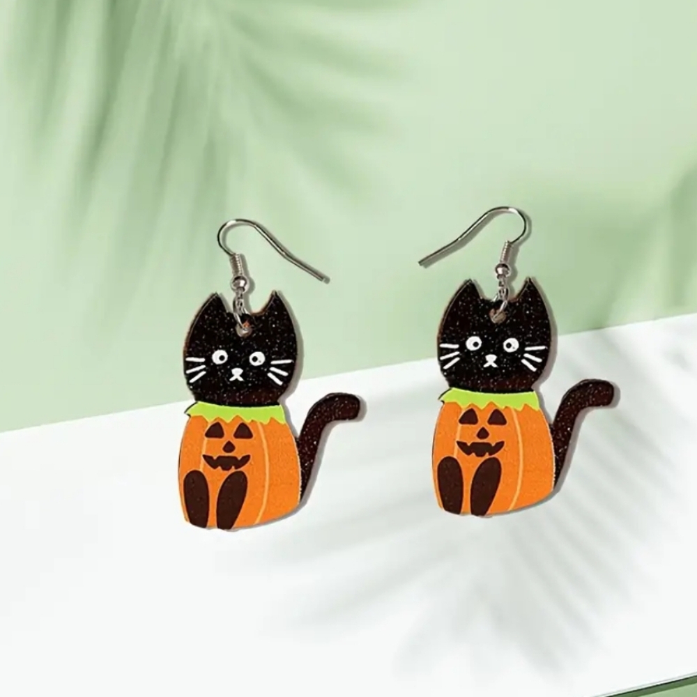 Halloween Black Cat Pumpkin Earrings